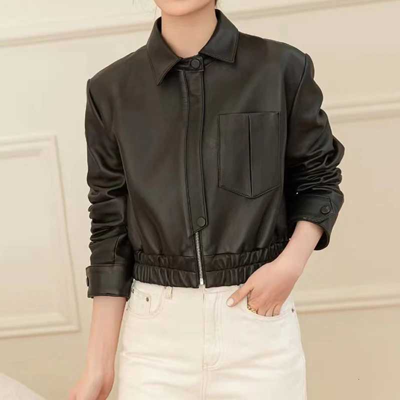 New European 2025 Fashion Short Leather Jacket For Women Casual Elastic Band Waist Top Clothing Mujer Varsity Claret Veste C260921