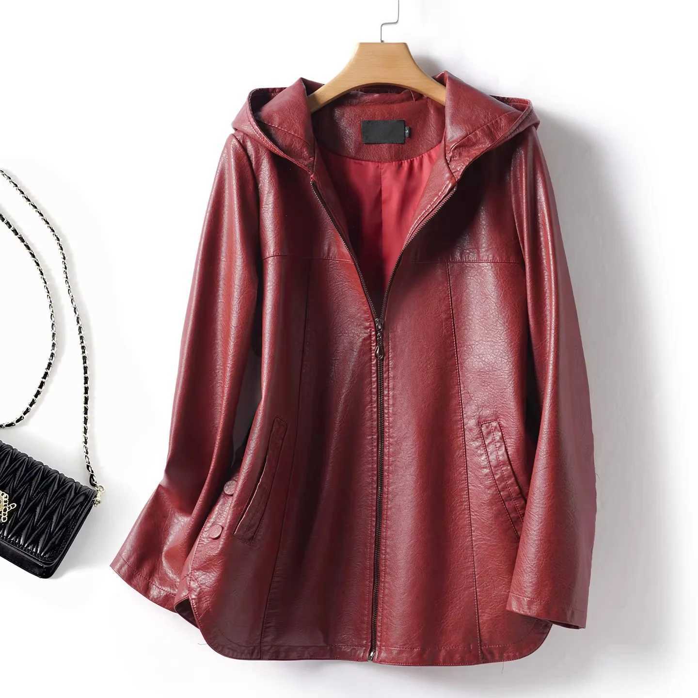 Women Split New Leather Hooded Jacket Spring Autumn Fashion Simplicity Long Sleeve Loose Leather Coat Casual Plus Size Jacket C260921