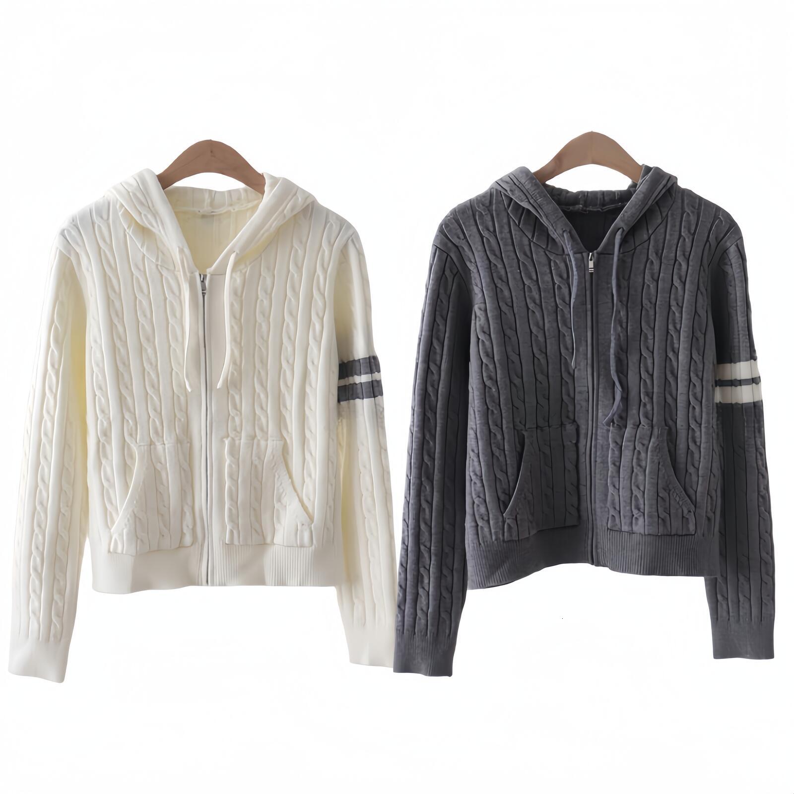 Designer Clothes Women Hooded Knitted Sweater Autumn Striped Print Pattern College Style Braided Zipper Long Sleeve Knitted Cardigan Sweater Leisure