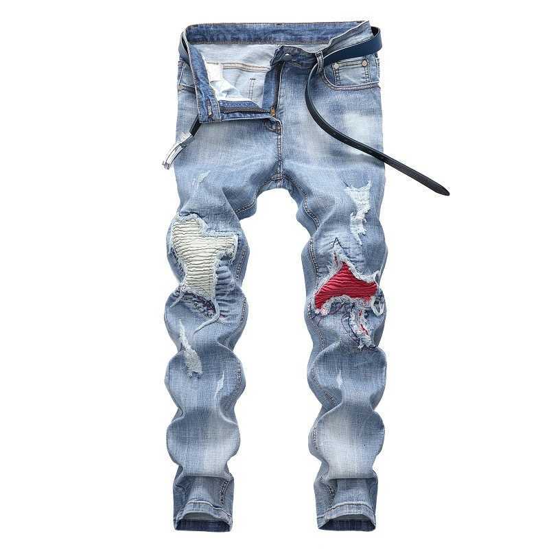 New Men's Jeans Men's Personalized Ripped Jeans Light Blue Streetwear Stretch Straight Slim Fit Casual Motorcycle Denim Trousers Male T260