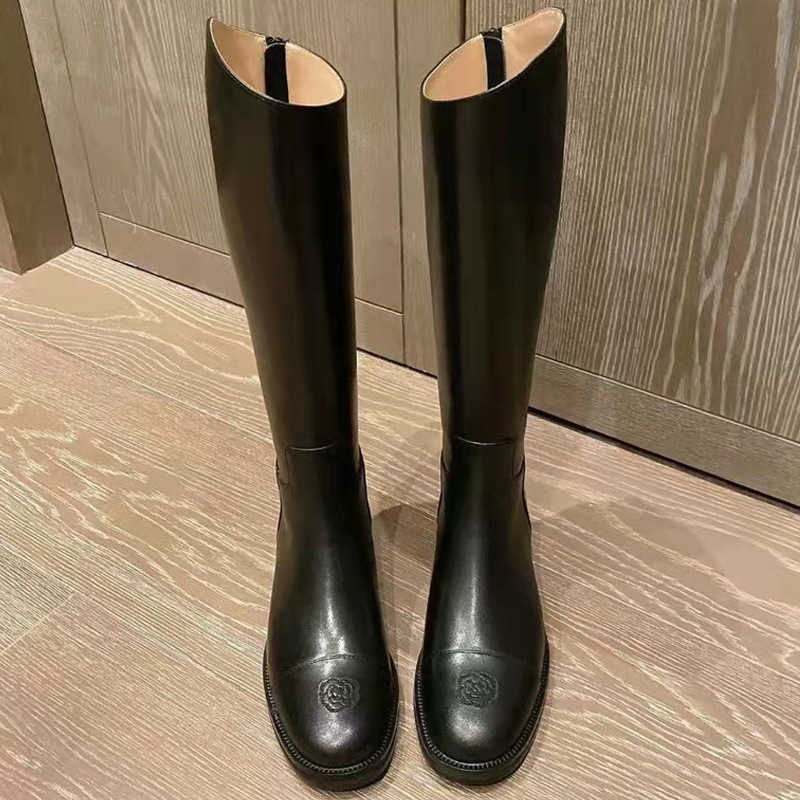 Tweed-style embroidered camellia long boots women's British-style new long boots knee-high slim boots mid-calf riding boots Q260922