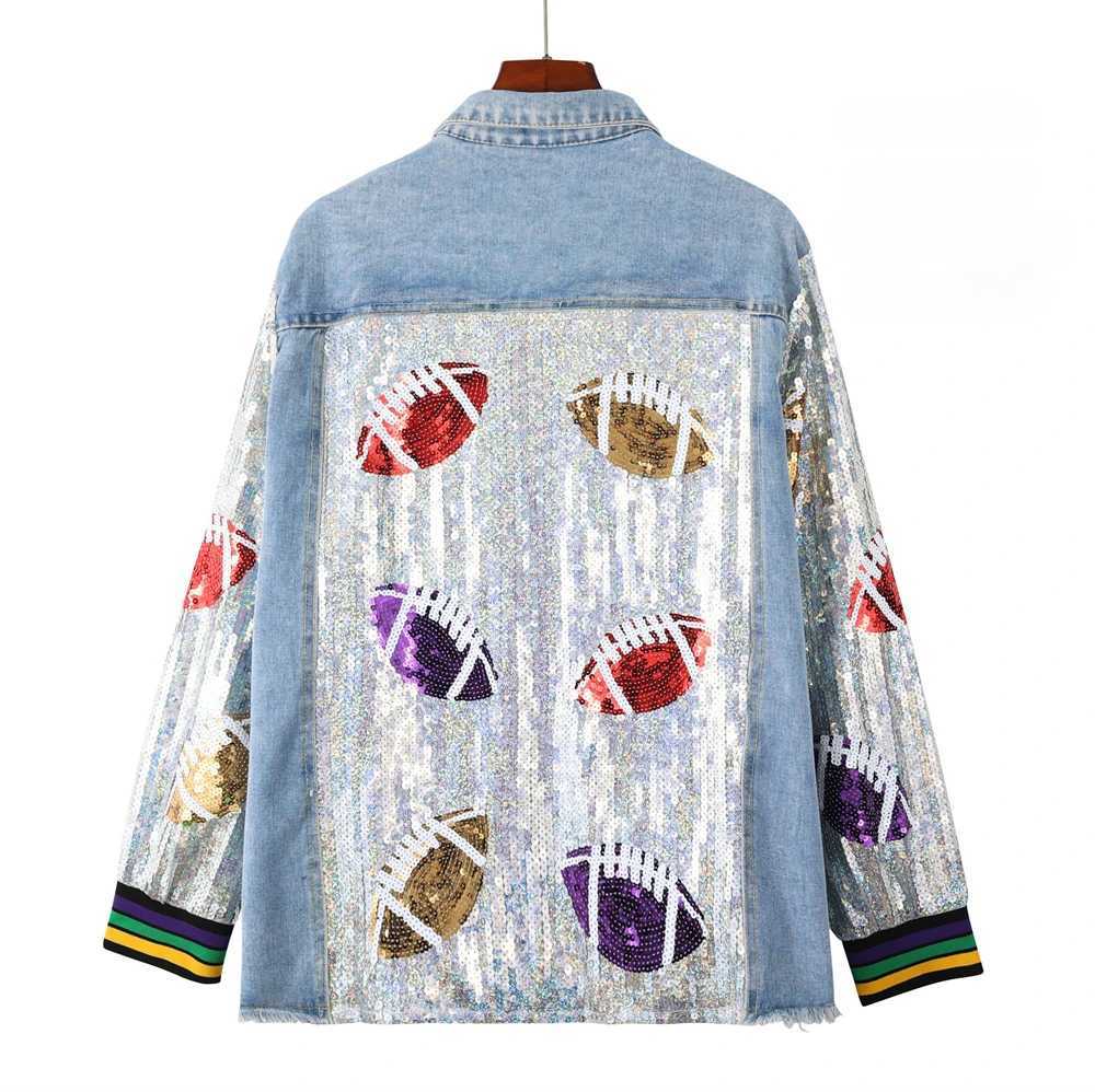 Women's Jackets Autumn Winter New Turn-Down Collar Women's Long Sleeve Streetwear Jackets Patchwork Color Sequins Hip Hop Female Denim Coa