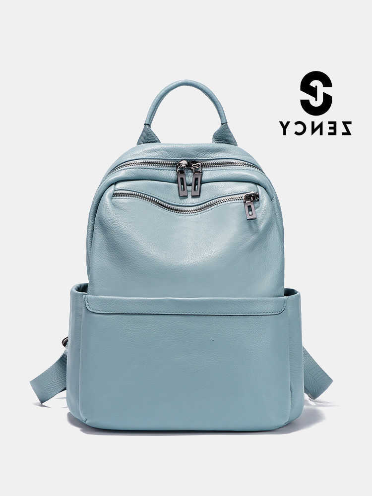 Style Zency Women's Blue Backpack Soft Leather Backpack Large Capacity Travel Rucksack Knapsack For Ladies Multi-compartment Shoulder H260922