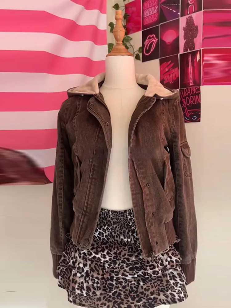 Women's Jackets Women's Bomber Jacket Hooded With Fur Collar Winter Coat Autumn 2025 Long Sleeve Single Breasted Ruched Tops Chic Lady Out