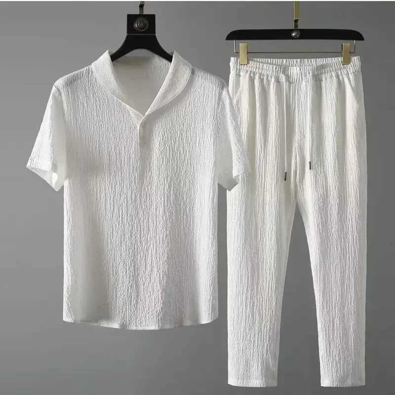 Tracksuits Summer Ultra-thin Men's Five-piece Ice Silk Linen Suit Men's Cotton Linen 2-piece Set Loose-fit Mid-sleeve T-shirt Sports Wear