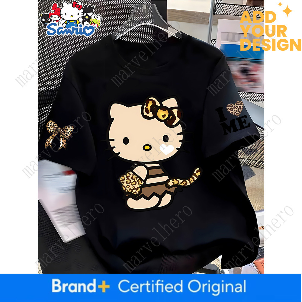 Cross Border European American New Women T-shirt Cartoon Hello Kitty Leopard Print Elements Loose Round Neck Short Sleeved Top Spring Summer And Aut