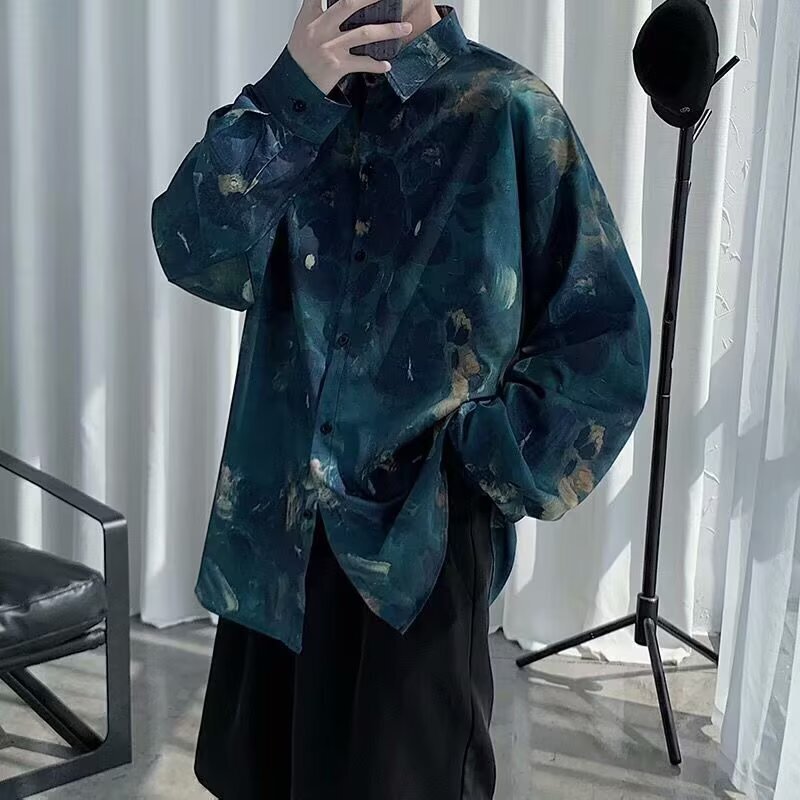 Autumn new ice silk retro men's long sleeved retro print Ins American fashion beach shirt