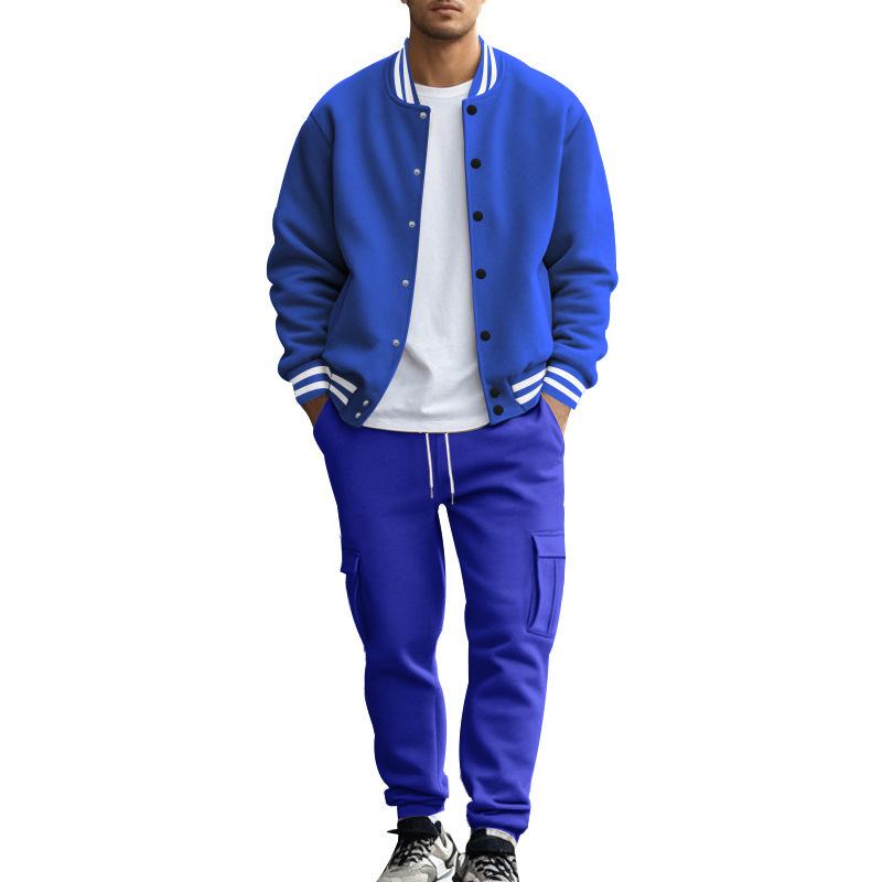 Ensemble veste universitaire et pantalon de jogging cargo pour hommes, veste de baseball boutonnée sur le devant, multi-poches, cordon de serrage