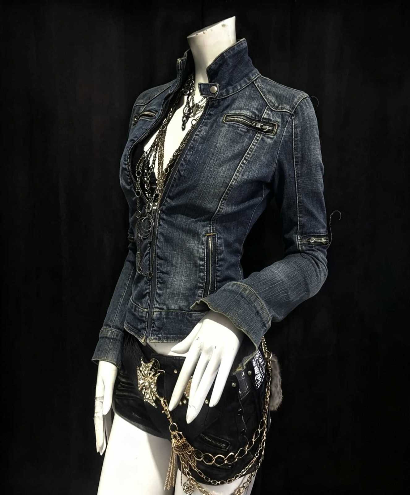Women's Jackets Women Y2K Gothic Punk Streetwear Vintage Washed Denim Coat Multi Zip Stand Collar Slim Waist Cropped Long Sleeve Casual Jacket
