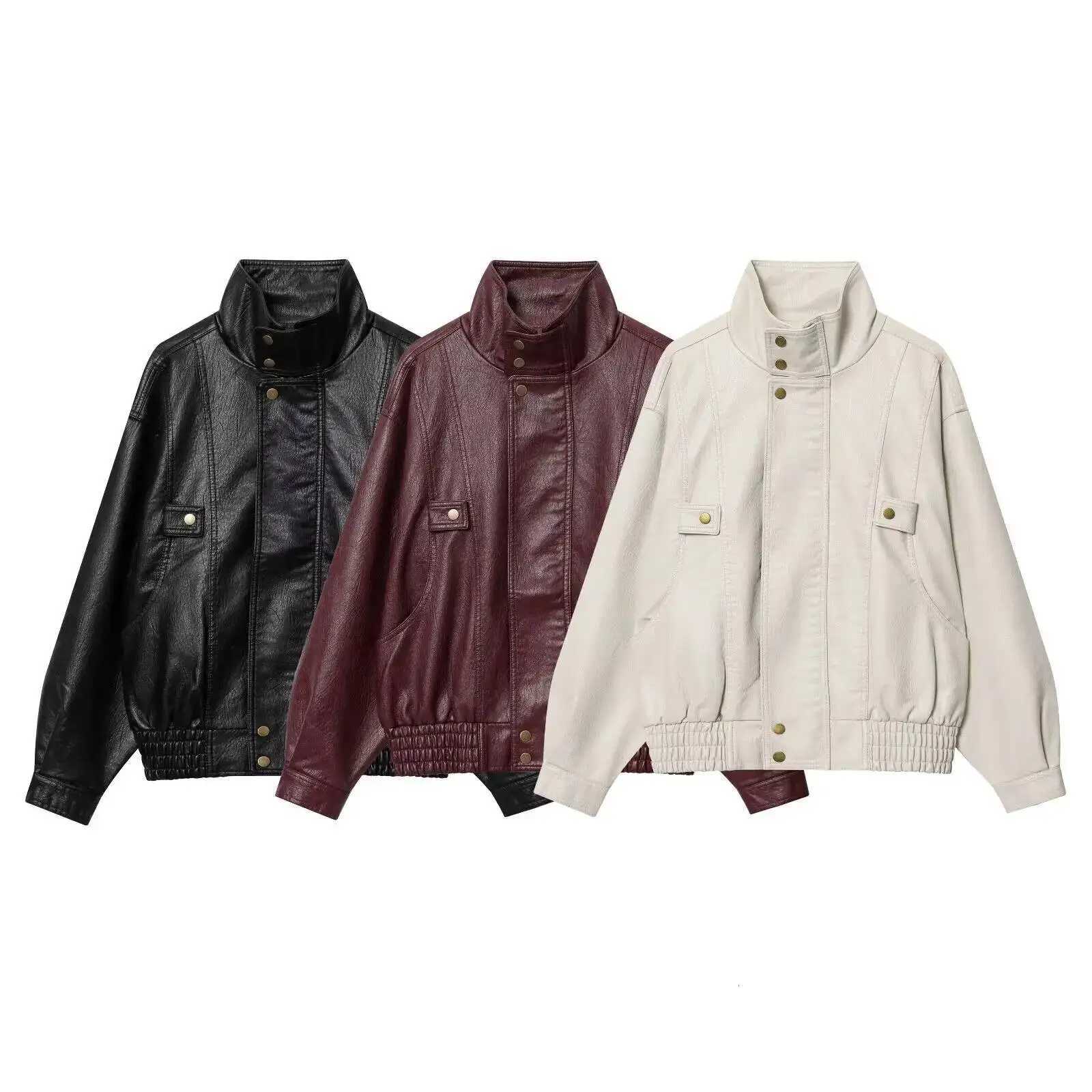 Leather Faux Women's Leather Diyig Women 2026 Autumn New Fashion Multicolor Faux Leather Chic Zipper Joker Lapel Long Sleeve Jacket Outerwear M