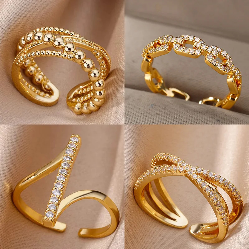 Zircon Geometric Rings For Women Gold Color Stainless Steel Opening Ring Wedding Party Aesthetic Jewerly Gift Femme 2024260918
