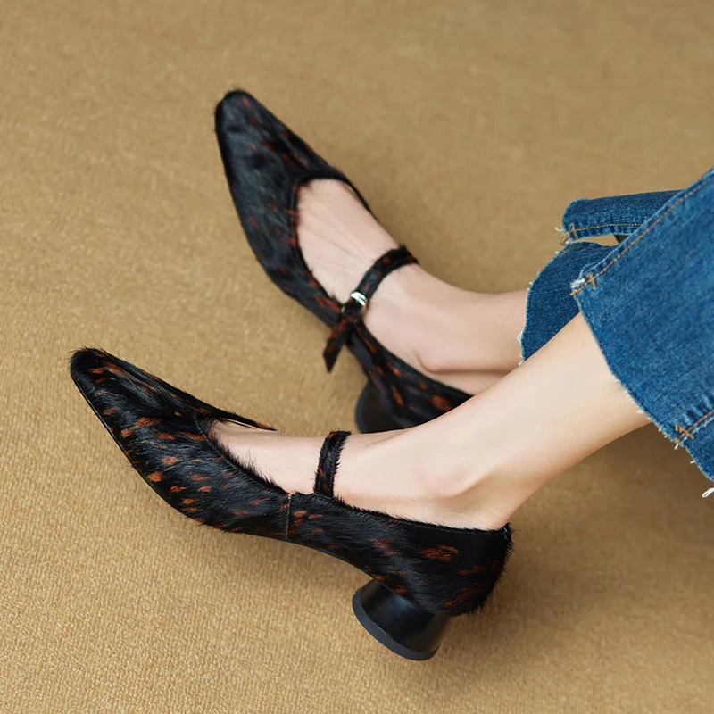 Mary Jane Shoes Women 2026 Pointed Toe Women Shoes Hair Strap Genuine Leather Leopard Print Formal Female Shoes 260917
