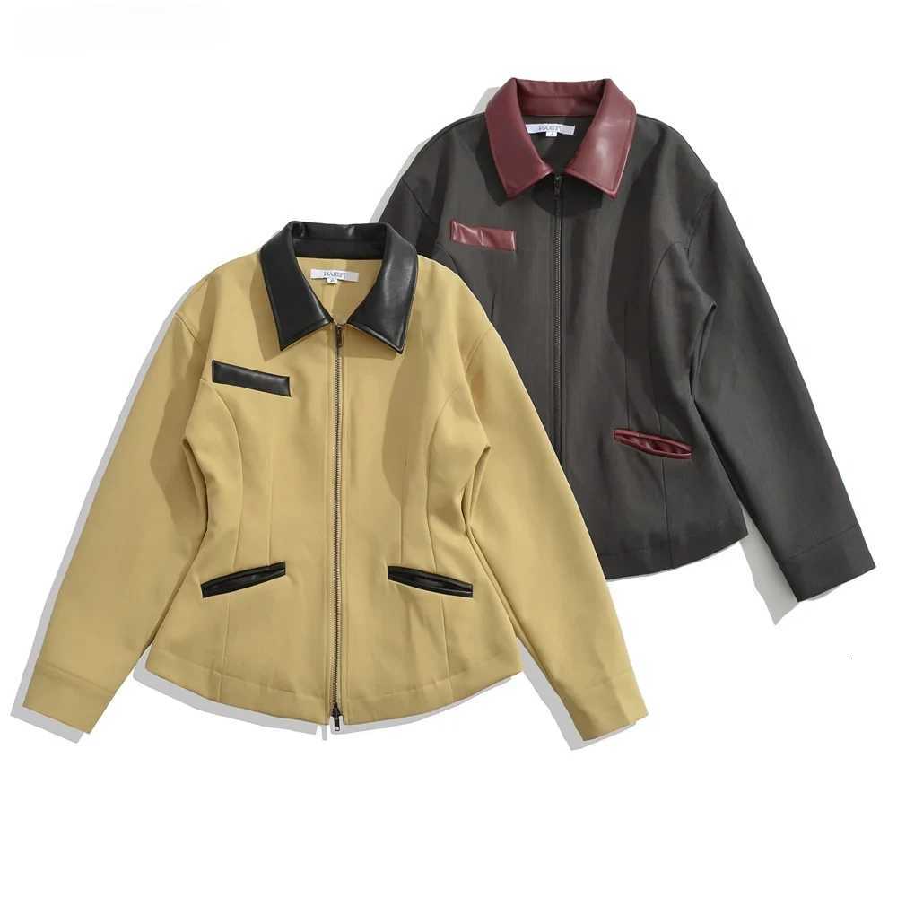 Women's Jackets 2 colors 2025 Autumn Women Khaki Spliced Faux Leather Lapel Safari Slim Waist Coat Front Pockets Open Zipper Jacket Outerwear C