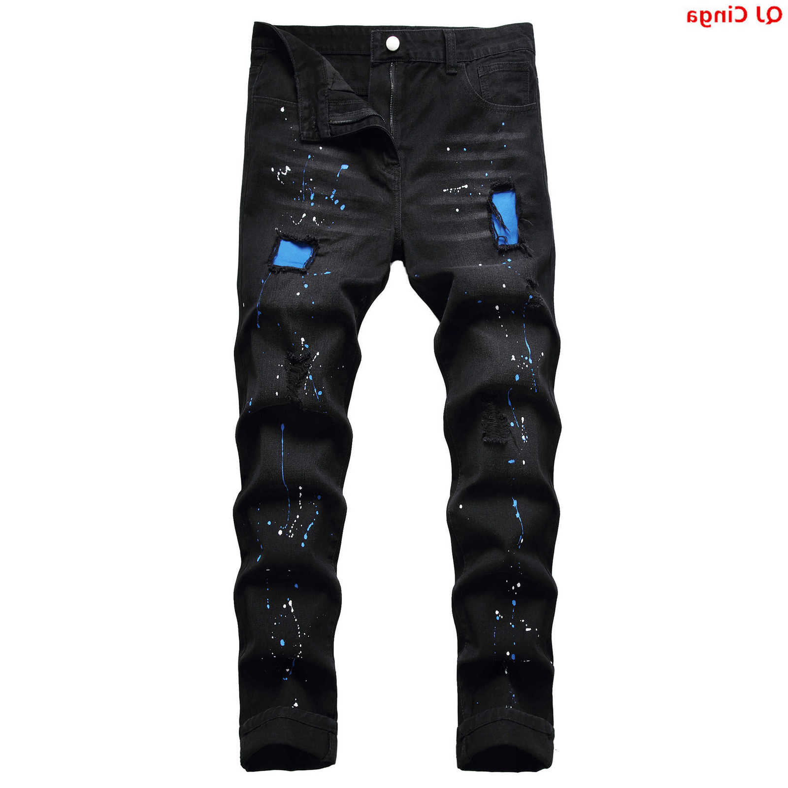 Jeans New Men's Fall Collection of Men's Black Jeans with Distressed Details Made From Stretch Denim in Asian Sizes. T260922
