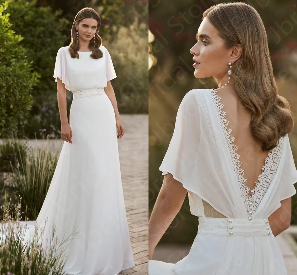 Modern Summer Wedding Dresses Round Neck Back Out Sweep Train Chiffon Lace A-line Boho Bridal Bride Gowns 2027 Vestido de Novia Robe De Mariage