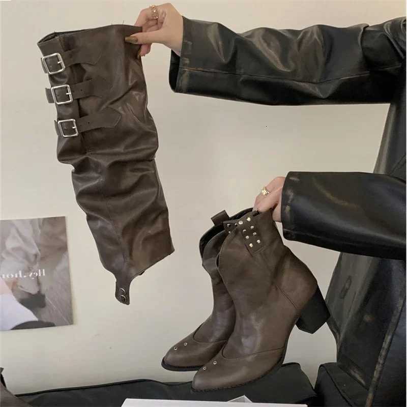 Designer Style Punk Boots Aneikeh Design Button Combination Splicing Women Knee-High Boots Fashion Pointed Toe Square Low Heels Shoes Winter J260922