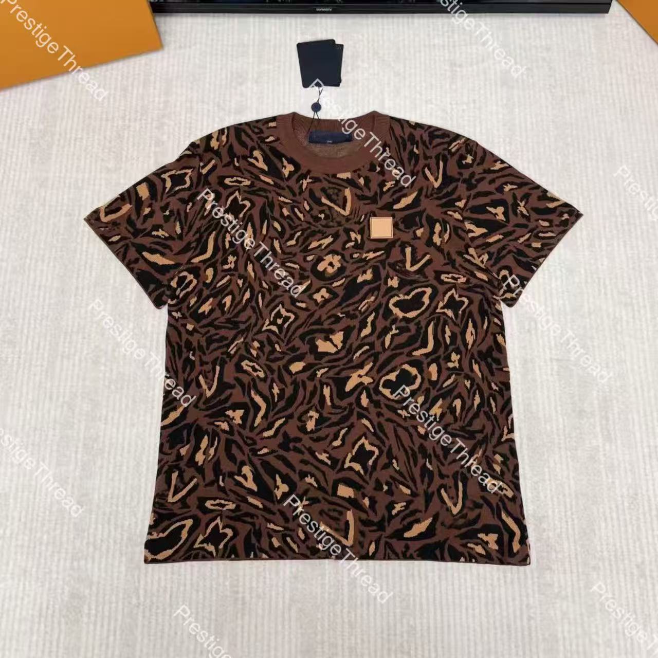 26ss Summer Camouflage Leopard Print Knitted Jacquard Short-Sleeve T-Shirt Designer Men's T-Shirt, 100% Cotton