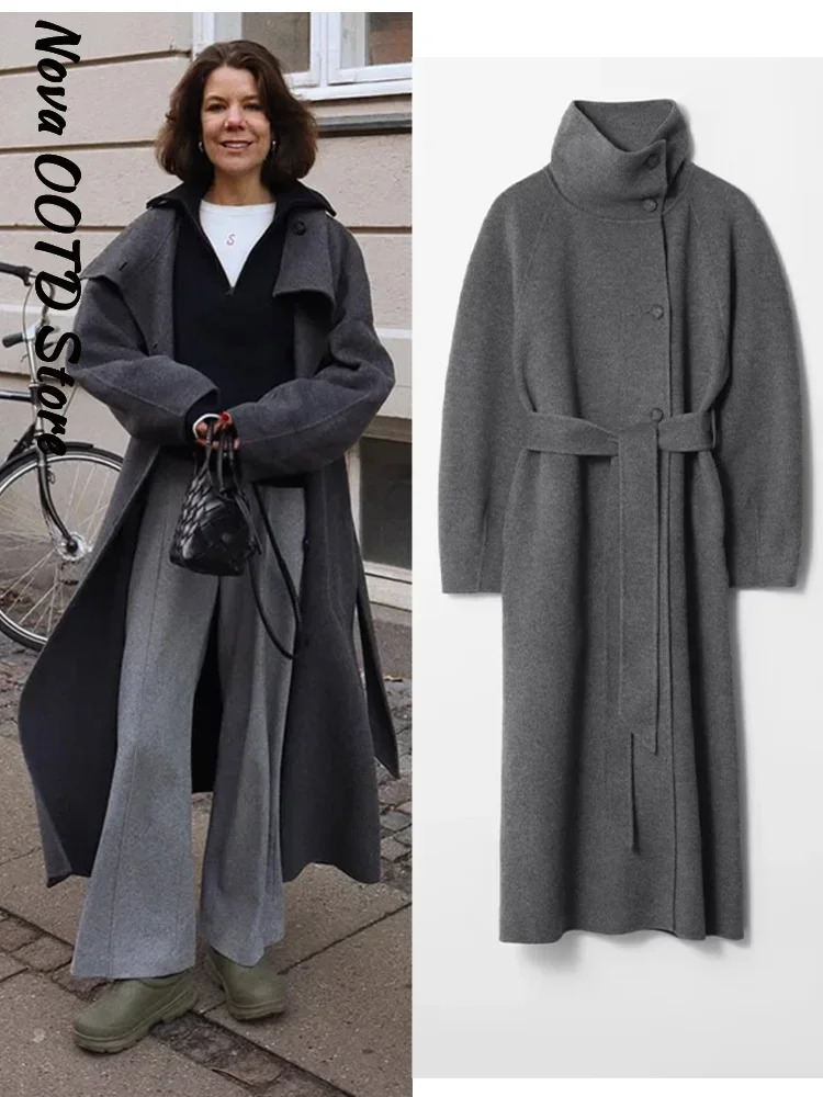 Elegant Solid Lace Up Long Woolen Coat Women Stand Collar Single Breasted Retro Coats 2025 Autumn Winter Lady All-match Outwears 260922