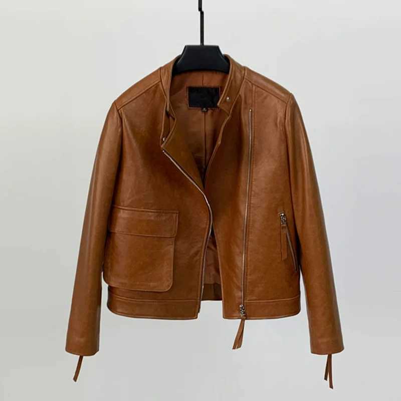 Leather Faux Women's Leather 100% Sheepskin Coat For Women 2025 New Fashion Stand Collar Diagonal Zipper Female Long Sleeve Real Leather Casual