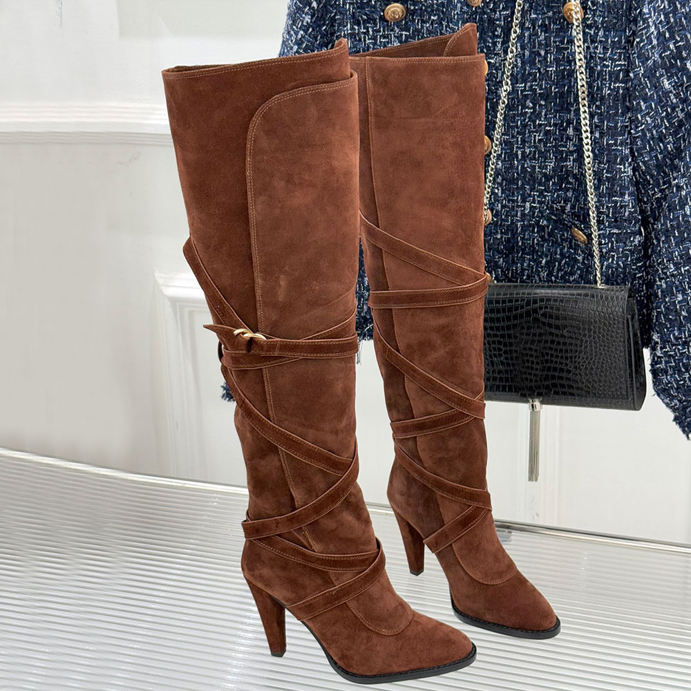 Womens Designer Thigh High Boots Luxury Suede Boot Upper With Horsebit Comfort Casual Knee Boot Pointed Toes Fashion Brand Autumn Winter Boots Heigh