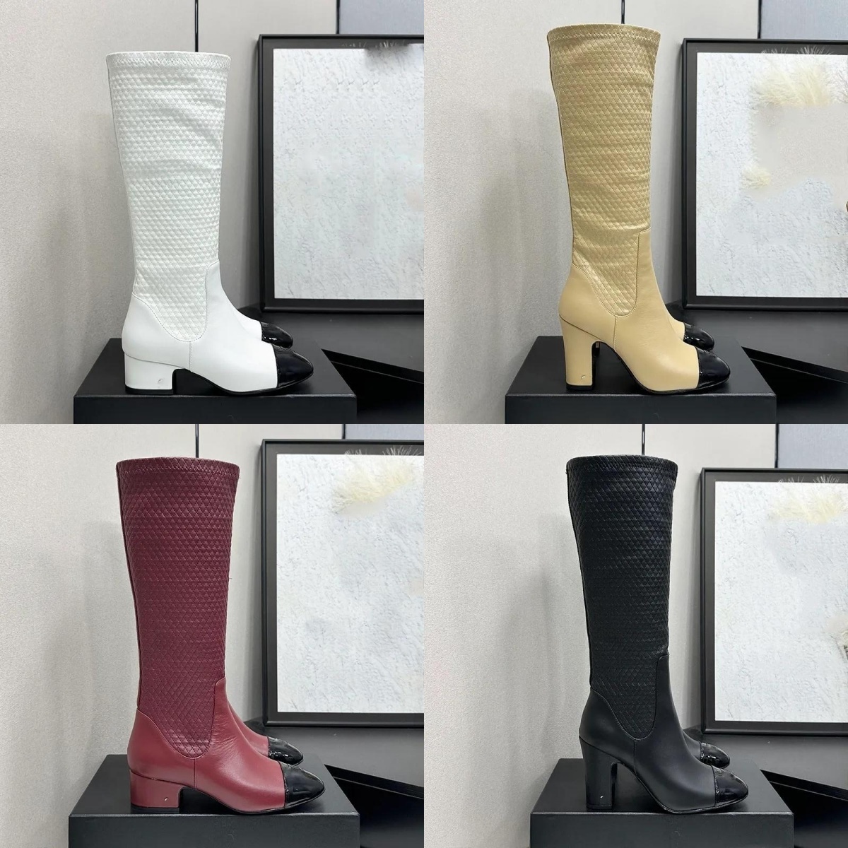 Women Leather Knee High Boots Luxury Designer Round Toe Low Heel Fashion Classic Beige Black Quilted Winter Elegant Dress Party Casual Waterproof Pl