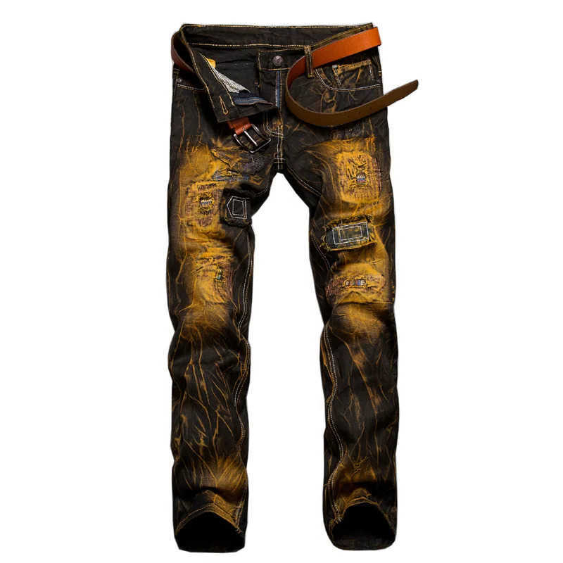 Jeans New Men's Patchwork Ripped Casual Jeans Men's Street Wear Retro Distressed Motorcycle Slim Fit Straight Fashion Denim Trousers Male