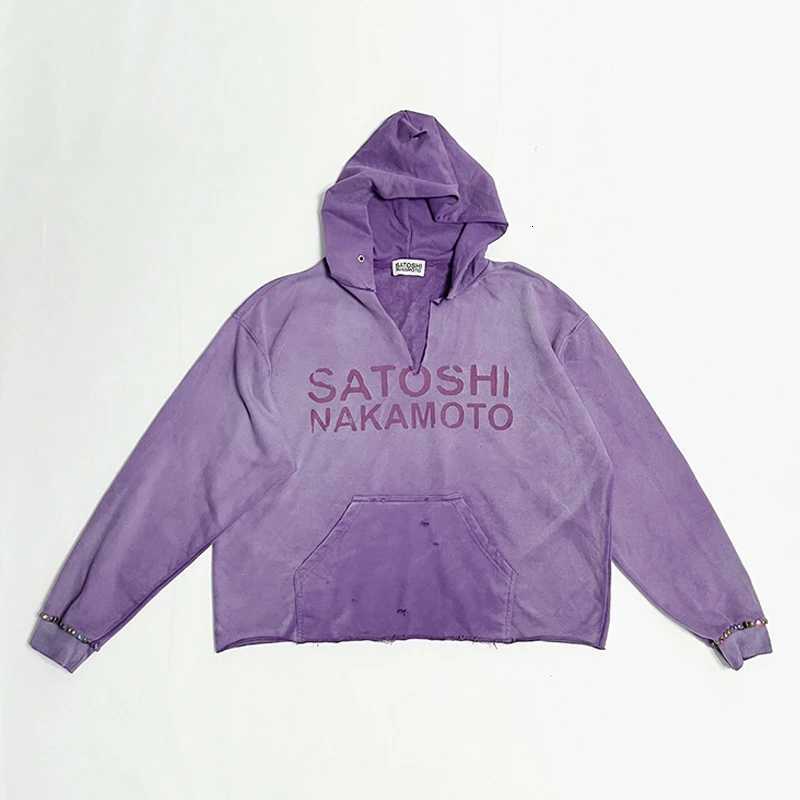 Men's Hoodies Sweatshirts Men Women Cotton Oversized Rivet Rhinestone Satoshi Nakamoto Destroy Collar Hoodie Vintage Green Patchwork Pullovers