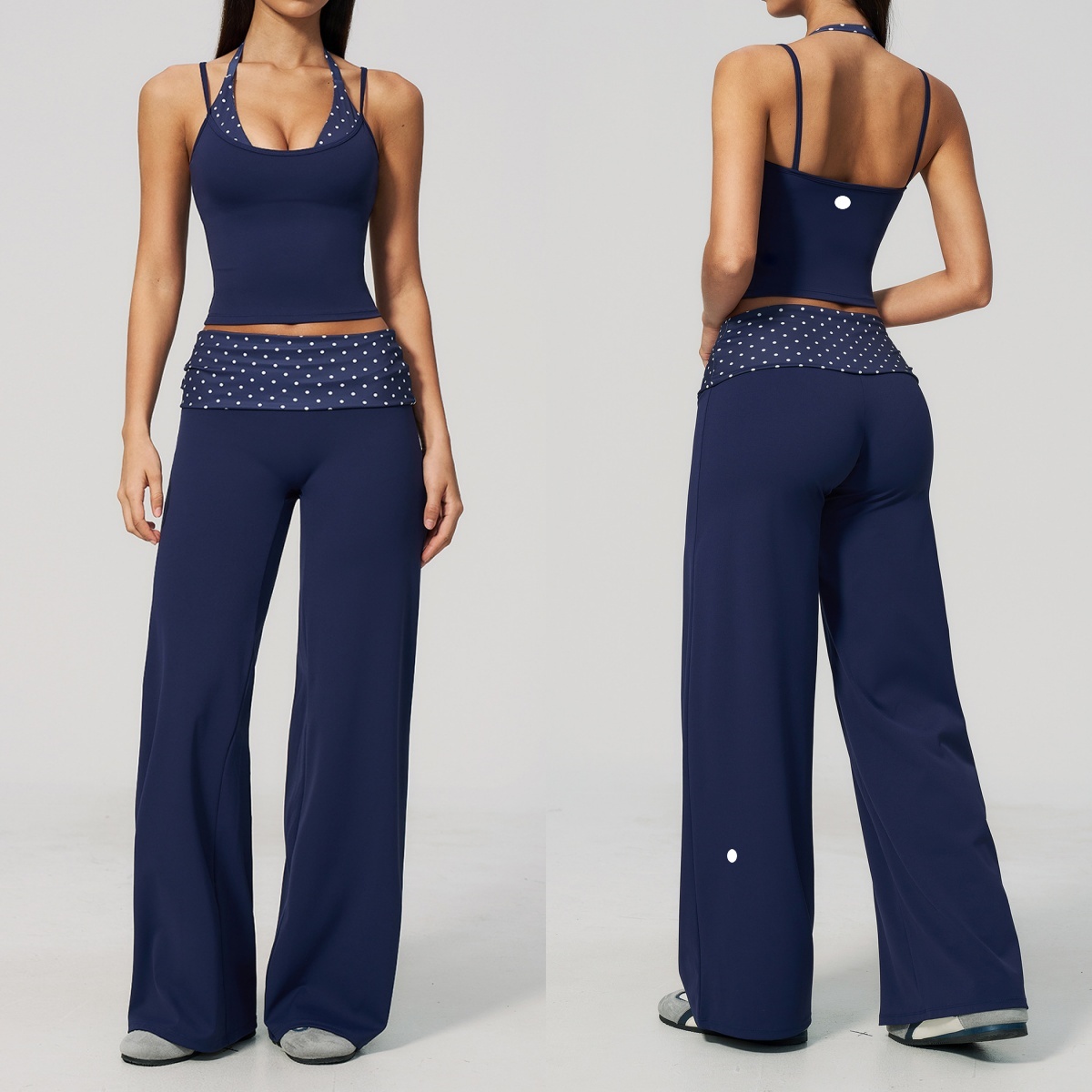 UU-L6348 Women's Polka Dot Sports Bra with Double Shoulder Straps Retro Patchwork Polka Dot Brushed Sports Long Pants with Folding Waist for Fi