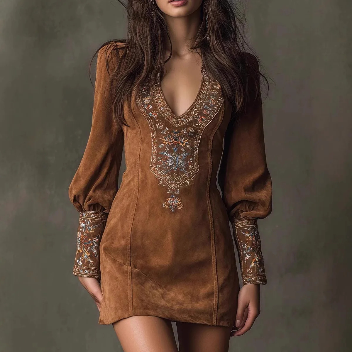 2026 Spring Summer Women Mini Womens Fashion Long Sleeve Vneck Sexy Dress Embroidered Dress 260921
