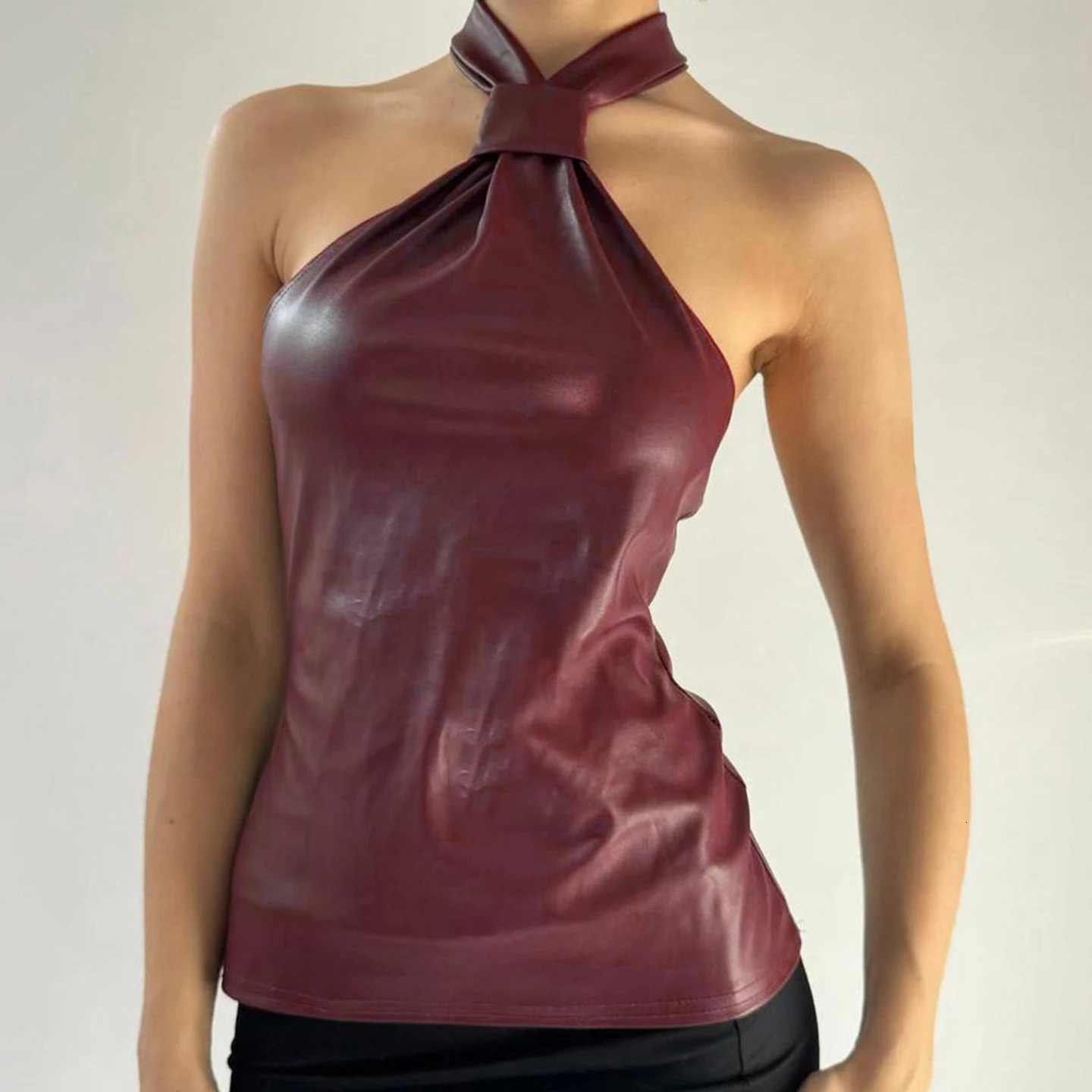 SUCHCUTE Y2K Strappy Halter Pu Leather Vest For Women Chic Street Sleeveless Backless Tank Top Summer Clothing Fashion Vacation 260922