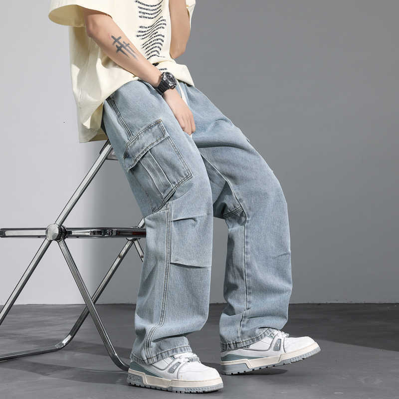 Large Men's Jeans Pocket Baggy Jeans Men's 2025 New Spring Classic Straight Denim Trousers Street Y2K Elastic Waist Casual Cargo Pants T26