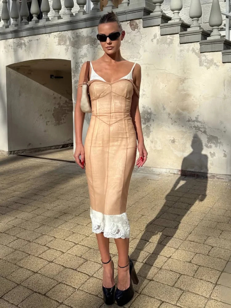 Sexy Sheer Mesh Overlay Midi Dress Women Sleeveless Spaghetti Strap Slim Dresses 2026 Lady Trendy Party Club Robe 260921