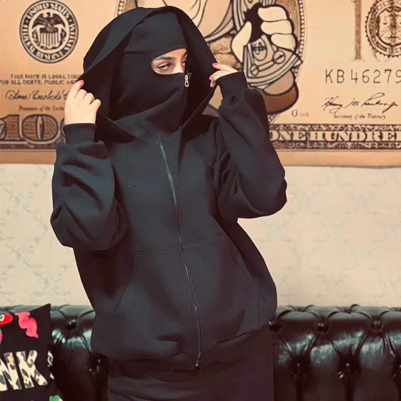 Full Zipper Harajuku Loose Women's Hoodie Vintage Streetwear Oversized Black Hooded Jacket Punk Gothic Y2k Double Hat Sweatshirt 260921