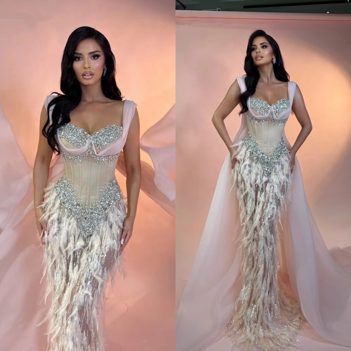 Luxury Crystal Evening Dresses Feather Illusion Mermaid Prom Dress with Cape Party Gown Sleeveless Customized Vestidos De Noche Plus Size
