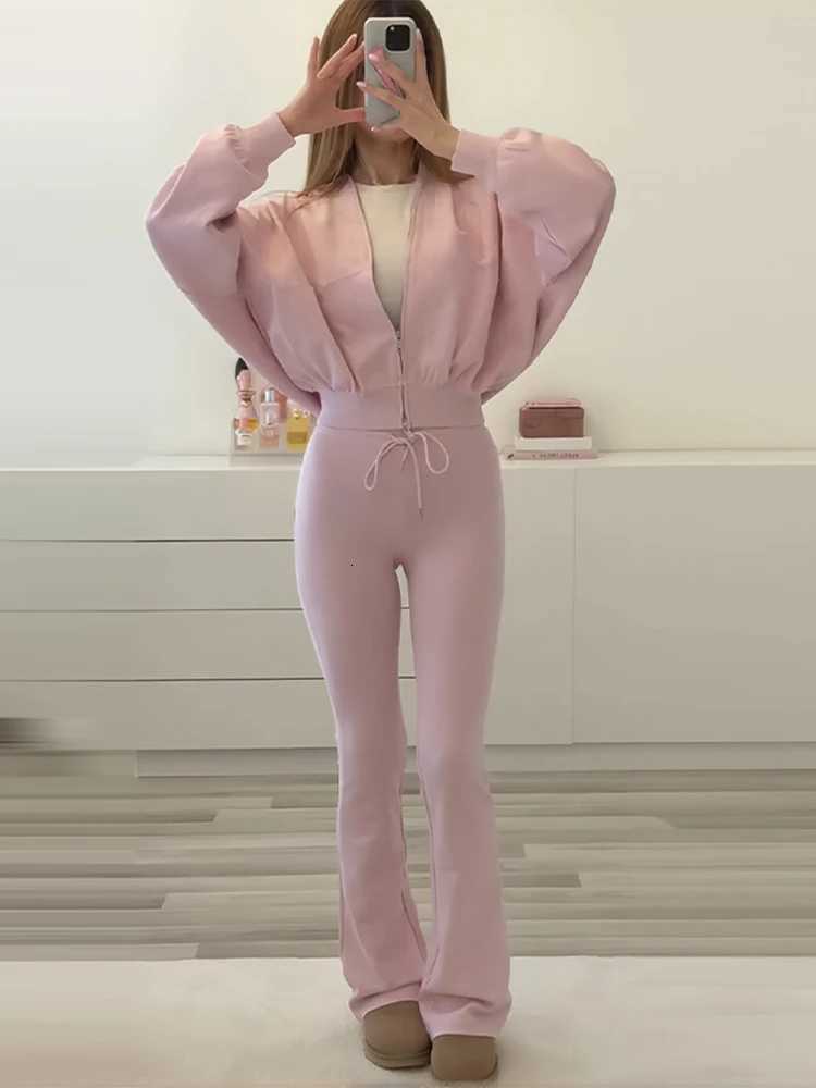 Jacket Baseball Sets Solid Color Flared Trousers Woman Set Round Neck Zipper Jackets High Waist Long Pants Casual Versatile Women's New Sets N2