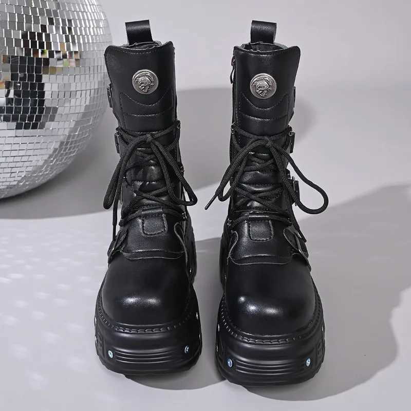 Designer Women Platform Boots Boots Punk Style Gothic Boot Fashion Metal Belt Buckle Designer Mid-calf Boot High Quality Leather High Top Boots J260