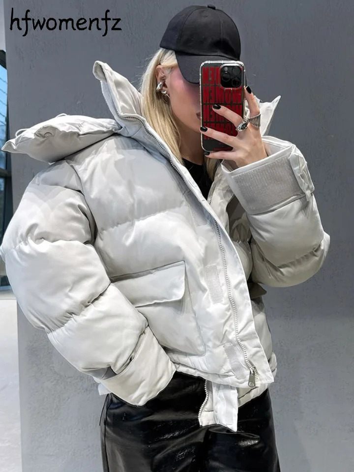 Casual Women's Puffy Hooded Cotton Coat Loose Long Sleeve Pockets Zipper Padded Coats 2026 Winter Lady Drawstring Warm Jackets 260922