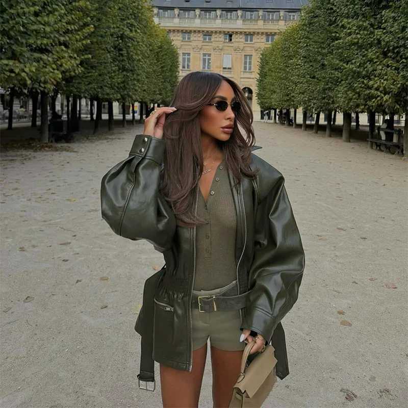 Army Green Women's Leather Jacket Fashion Lapel Coller Long Sleeve Zipper Loose Coat 2025 Autumn Outerwear Daily Street Coats C260921