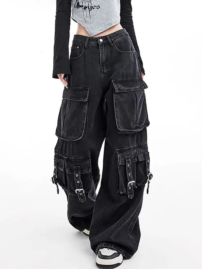 Black Gothic Punk Multi-Pocket Zipper Denim Jeans Men And Women Y2K American Baggy Fashion High Waist Loose Wide-Leg Jeans 260921