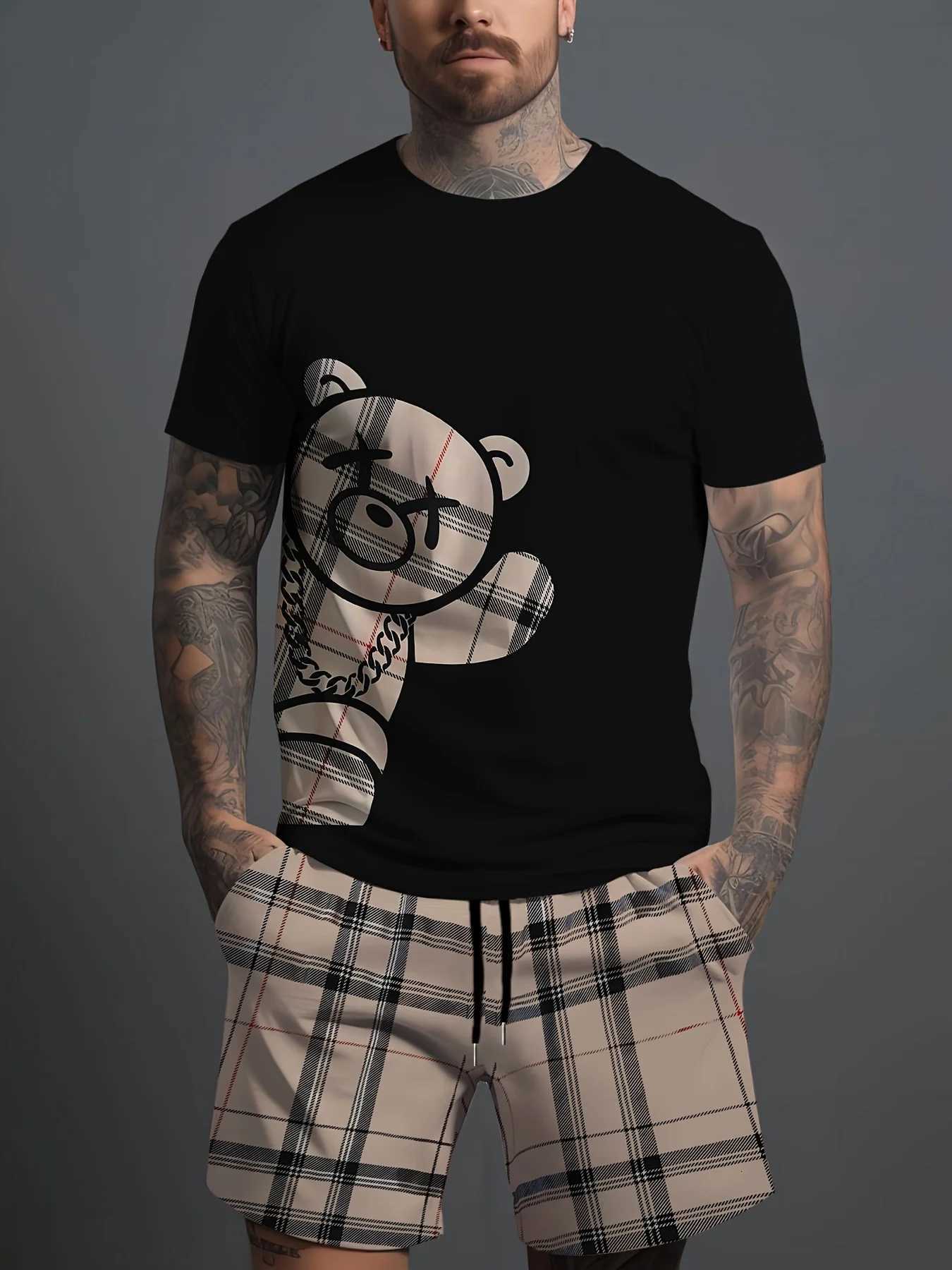 Summer Men's Tracksuits 2026 Casual Short-Sleeve Fashionable Breathable Sports Set Loose-Fit Quick-Dry Men's Short-Sleeve Hip-Hop Bear Pri