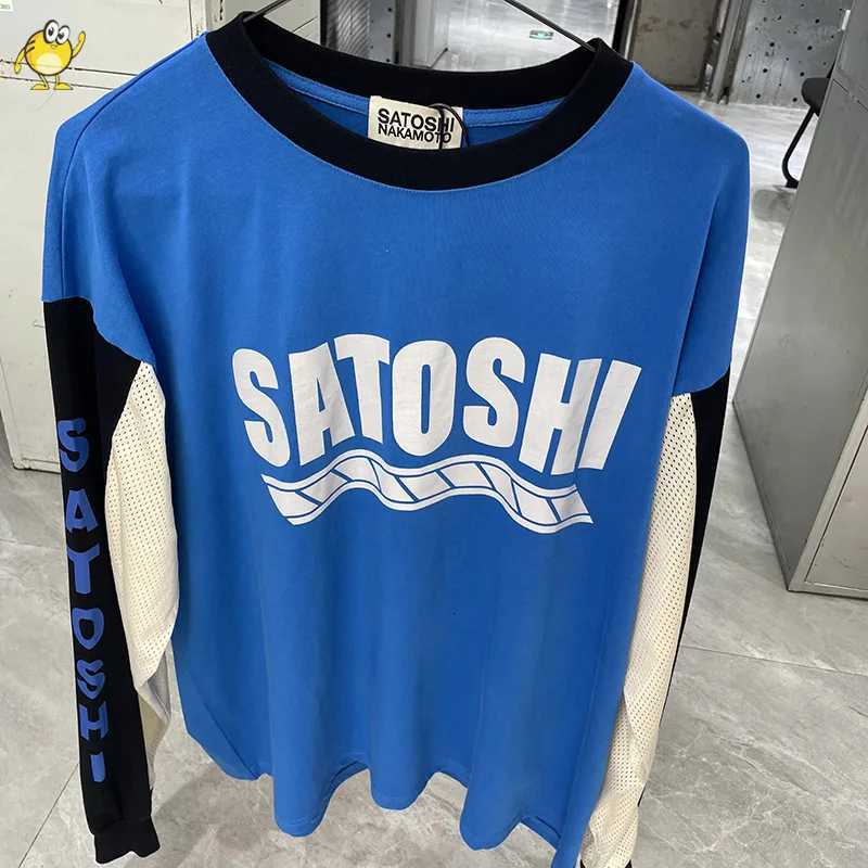 Men's Hoodies Sweatshirts Splice Green Blue Satoshi Nakamoto T Shirt Men Woman Streetwear Washed Oversized Top Hip Hop Fashion Casual New Tee J