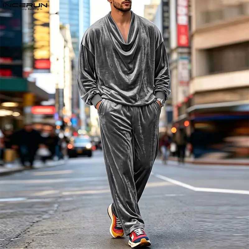 Sets Men's Tracksuits Men Solid Color Velour Pleated Long SLeeve T Shirt Pants Two Piece Sets Streetwear Loose Fashion Men Matching Sets J26092