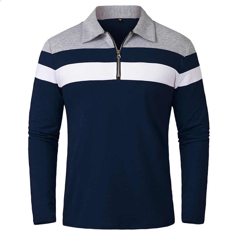 Men's Long Sleeve Striped Polo Shirts 1/4 Zip Cotton Patchwork Collared Shirt Casual Fashion Pullover Slim Fit Golf Shirt 260920