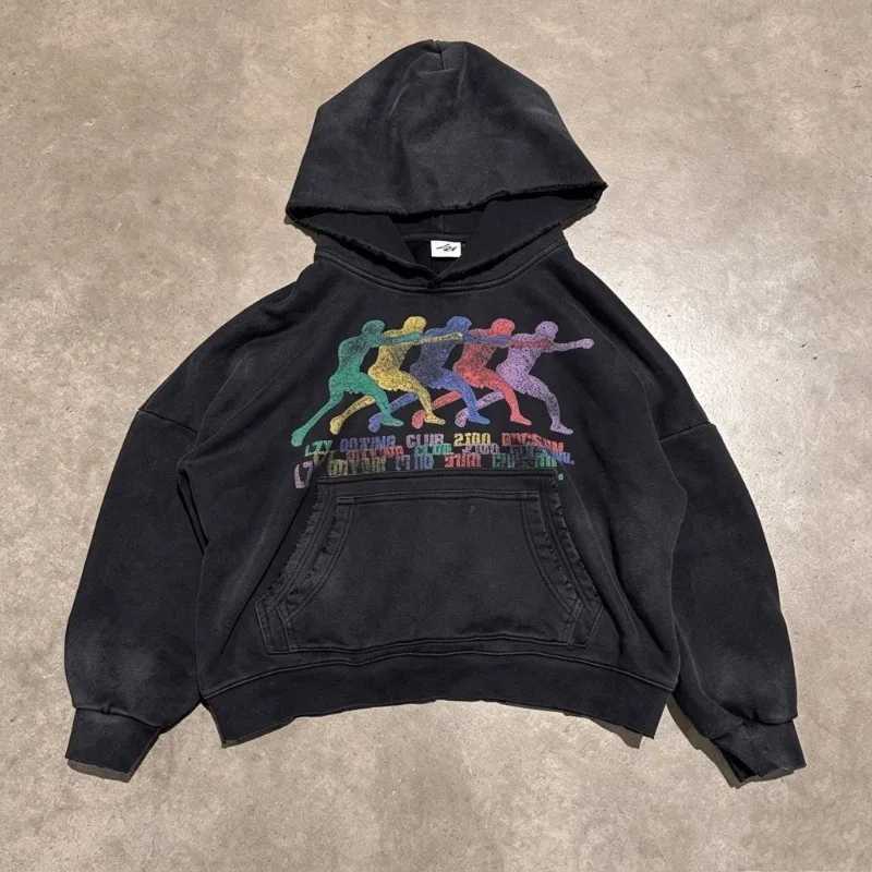 Men's Hoodies Sweatshirts Y2K Retro Black Washed Hoodie Boxing Club Cropped Hooded Sweatshirt Trendy High Street Streetwear Unisex Oversized Pu