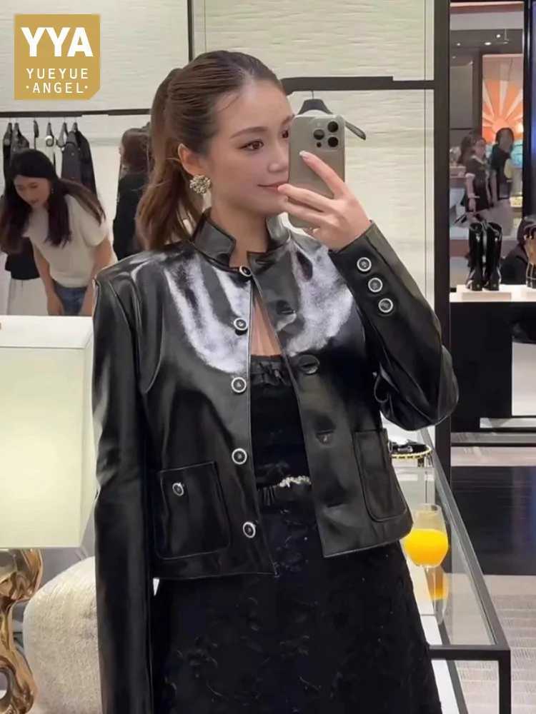 Stand Vintage Women Collar Single Breasted Sheepskin Genuine Leather Jacket Designer Short Oil Wax Real Leather Coat Streetwear C260921