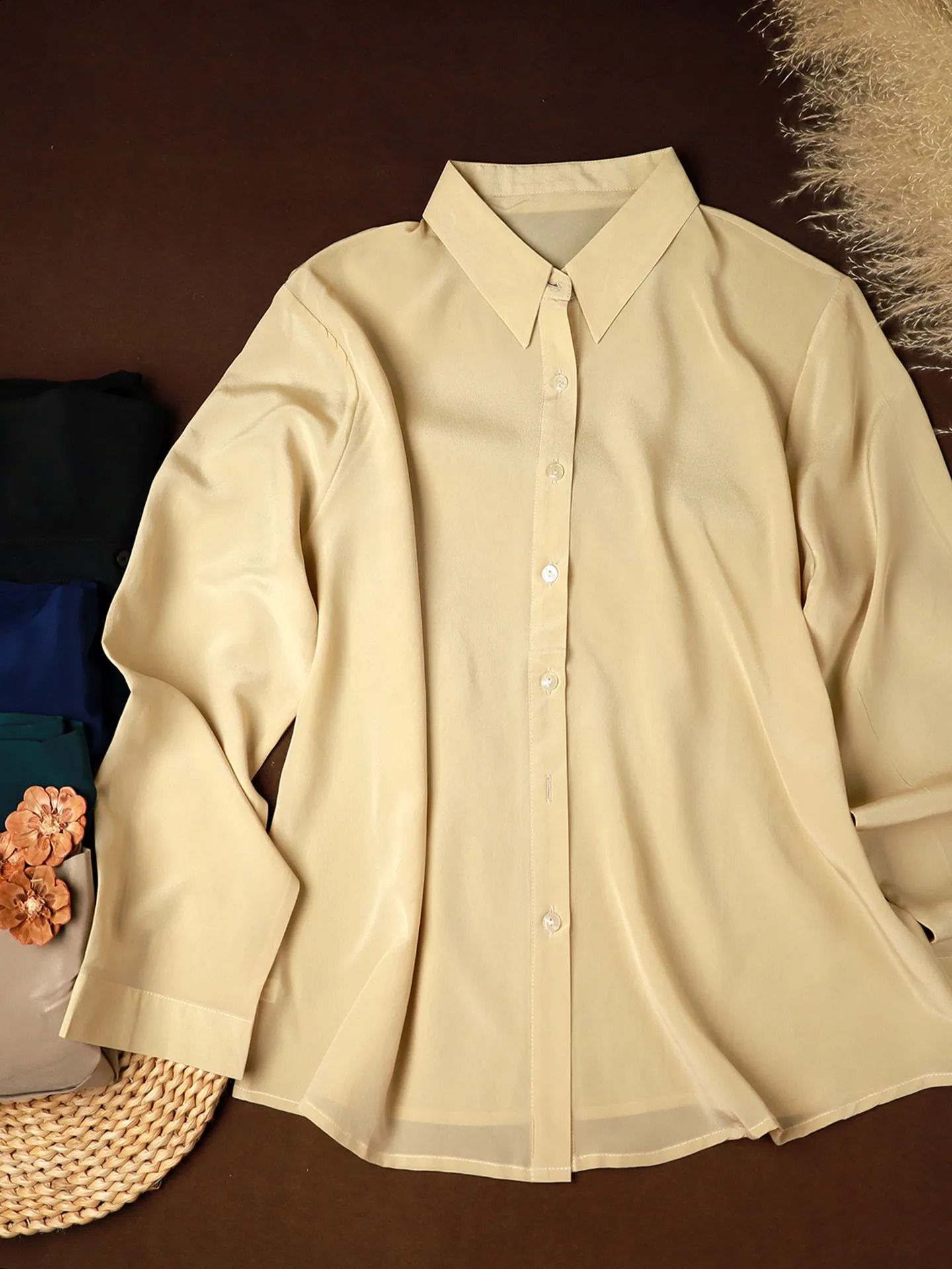 100% mulberry silk shirt women's double crepe matte long-sleeved simple square collar casual commute spring and summer thin 260921