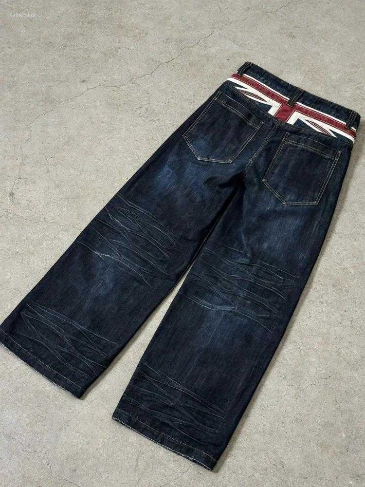 Union Men's Waistband Wide Leg Men Dark Blue Oversized Distressed Y2K Casual Denim S260922KLDZ