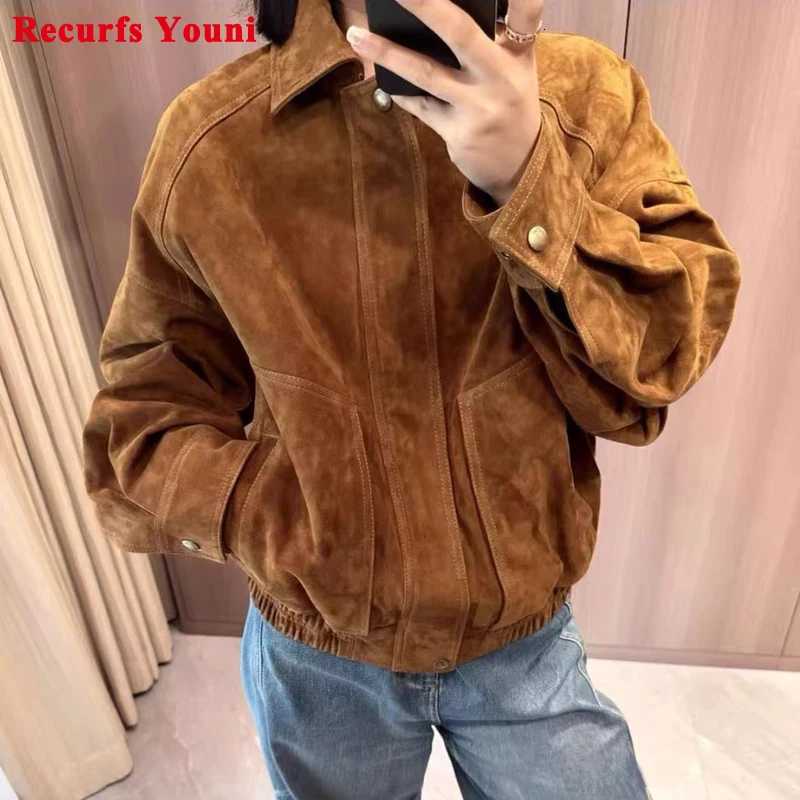 End Imported High Soft Retro Suede Leather Bomber Jacket Woman Square Neck Folded Sleeve Big Pocket 100% Kid Suede Coat Top C260921