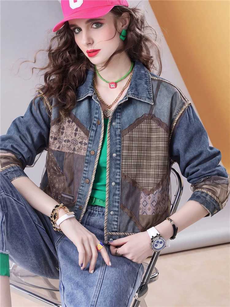 Women's Jackets Women Denim Jacket Vintage Patchwork Loose Fit Casual Jean Coat Sheer Mesh Layered Design Streetwear Fashion Outerwear C260921