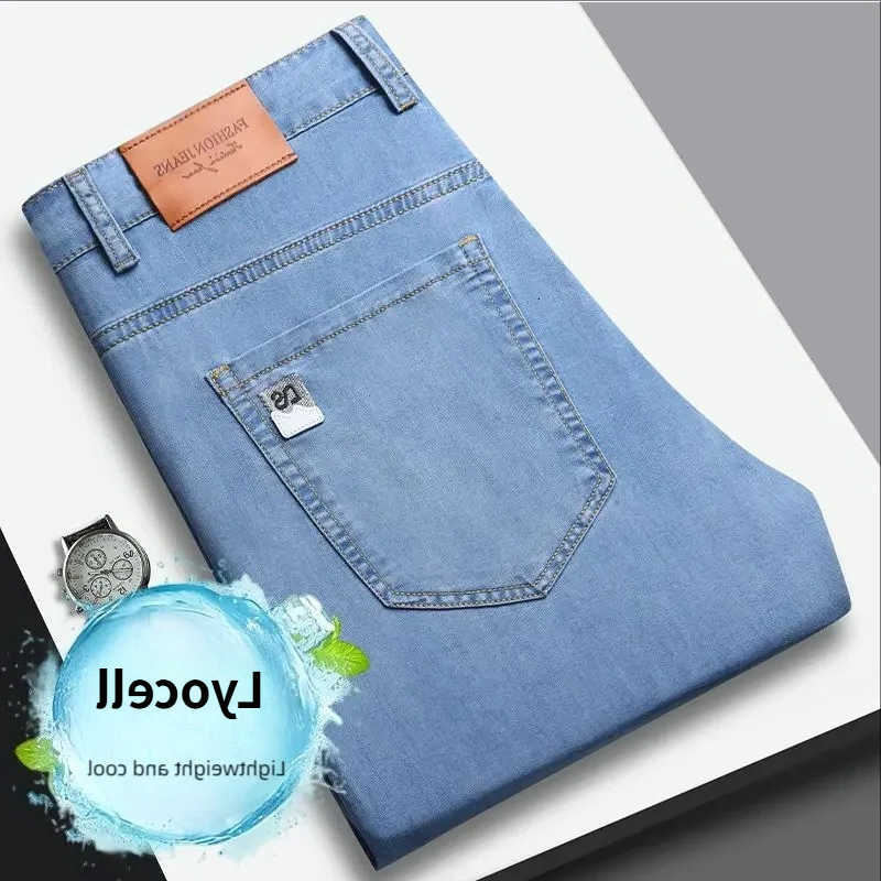 2026 Men's Jeans Summer Ultra-thin Men's Jeans Lyocell Soft Breathable Loose Straight Light Blue Denim Pants Business Casual Trousers Man